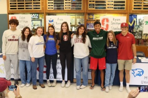 (From left to right) Seniors Cooper Castello, Ava Bennett, Maddie Nees, Makeila Cervantes, Chloe Hoffman, Emma Gilbert, Nikko Carrillo, Avery Ball, and Ryan Speshyok take a deep breath after committing to their college of choice.