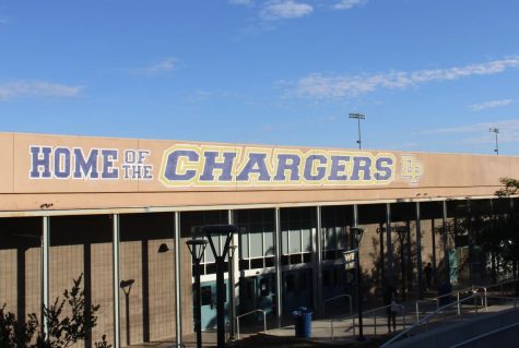 “Home of the Chargers” seen displayed on the Dos Pueblos gym, which hosts various sports games and practices