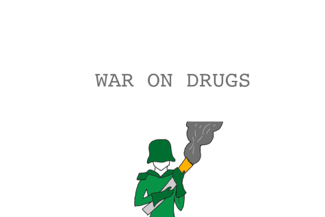 Digital drawing of a small soldier holding a cigarette under “WAR ON DRUGS.” Art done by Aspen Newhouse.