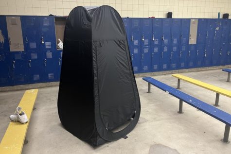 A changing pod in the boys varsity locker room.