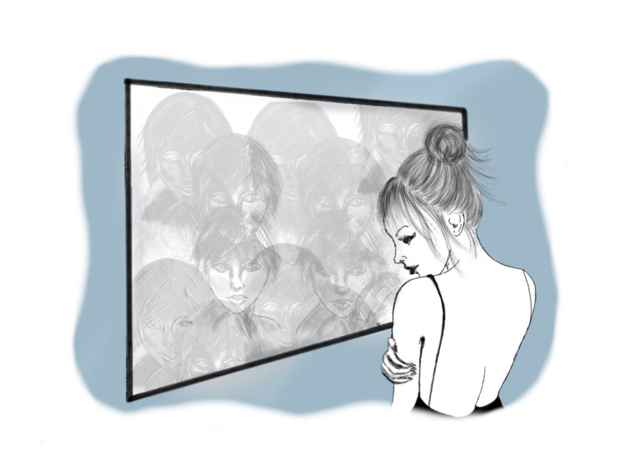 Girl overwhelmed by multiple reflections staring back at her. Graphic by Gita Majumdar.