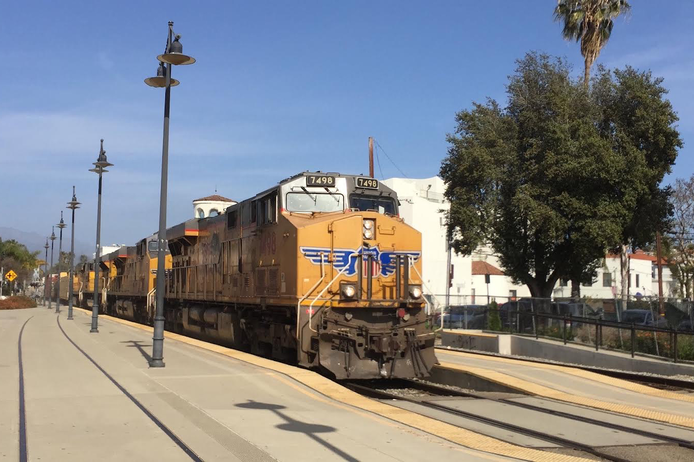 Union Pacific freight train LOF67-15 passes Santa Barbara in April 2021.