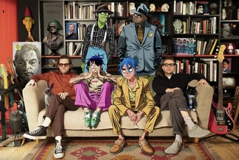 Gorillaz promotional shot from 2020. The creators of the band, Jamie Hewlett and Damon Albarn, together with their characters Murdoc, Russel, Noodle and 2-D.