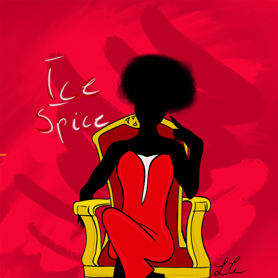 Digital drawing of Ice Spice portrayed by sitting on a throne. Her easily-recognized hair can be seen silhouetted in the drawing.