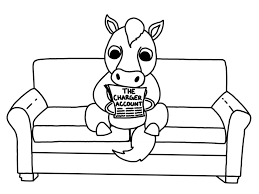 A cartoon of a horse sitting on a coach, reading a newspaper titled The Charger Account. Its entirely black and white.