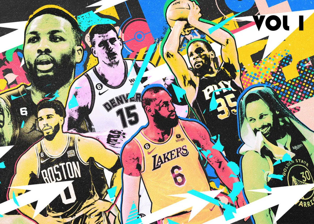 NBA superstars in comic style collage.