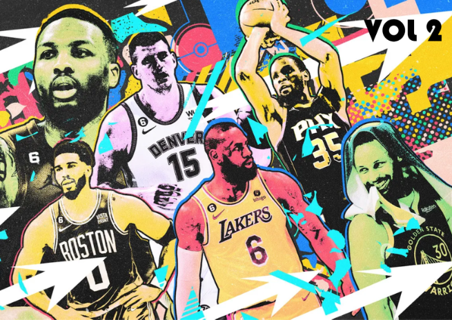 Image via The Ringer, NBA superstars in comic style collage.