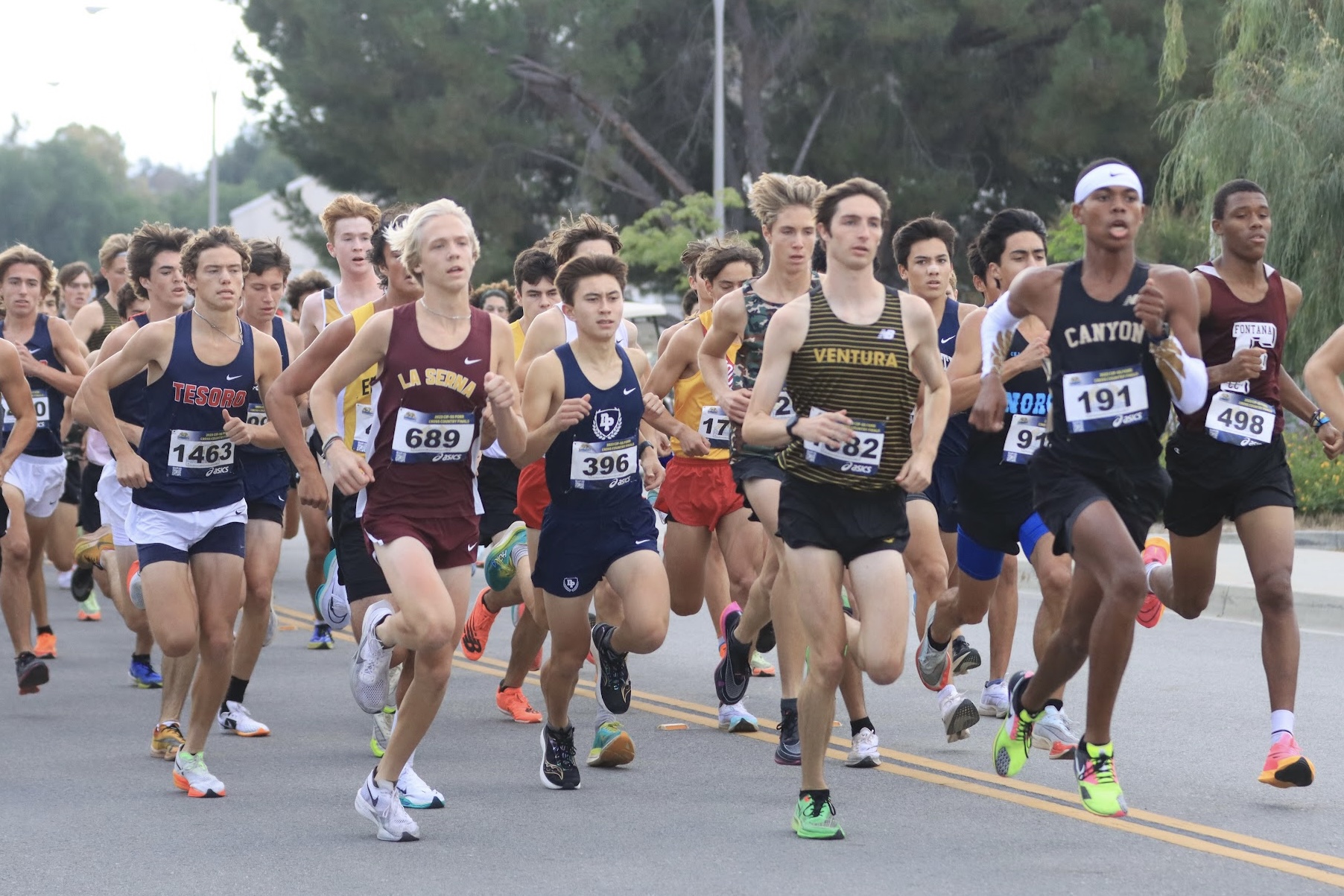 Eamon Gordon (11) sprinting alongside various other runners on the Mt. Sac track.