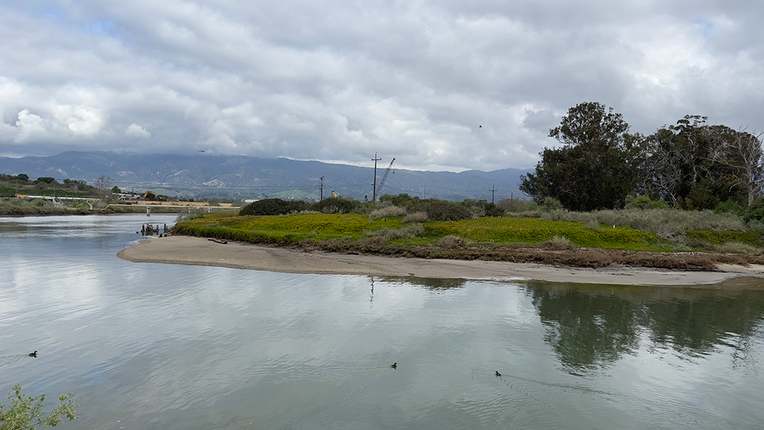 The entrance to the Goleta Slough on Feb. 14. A crane can be seen in the background dredging the Goleta Slough.