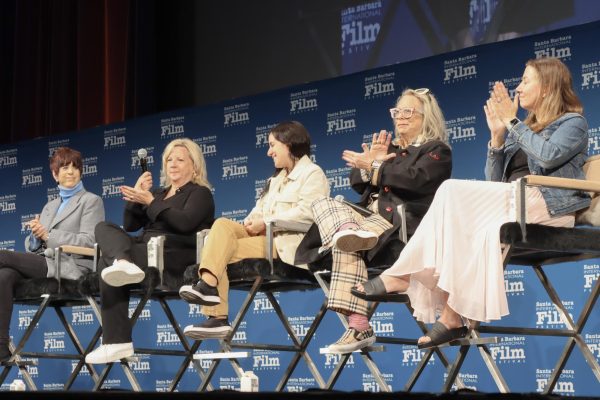 (L-R) Diane Warren, Karen Hartley-Thomas, Maite Alberdi, Laura Karpman, and Julie Zachary share their experiences in the film industry at the SBIFF Womens Panel.