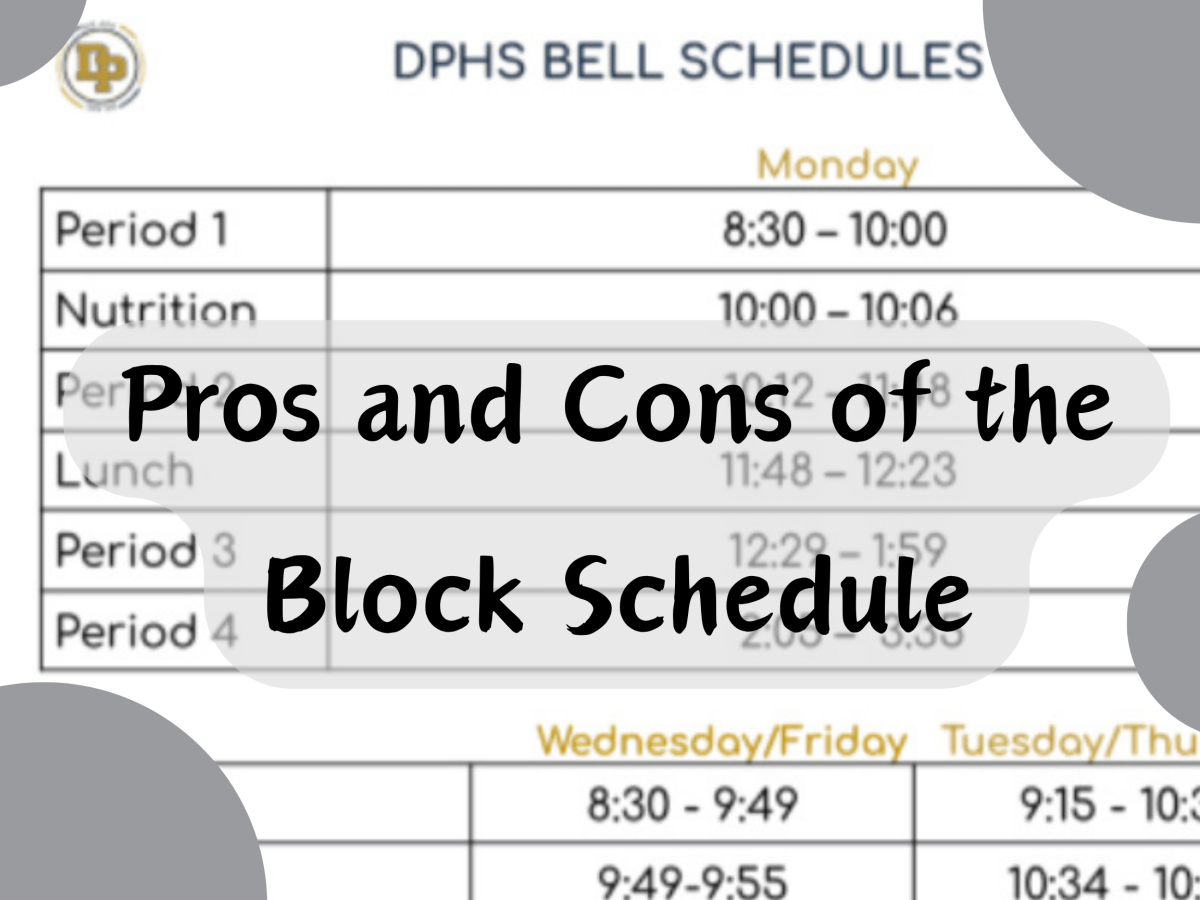 Dos Pueblos Bell schedule with four class periods, with “Pros and Cons of the Block Schedule” text.