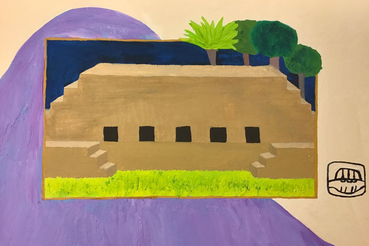 A painting inspired by Mayan architecture.