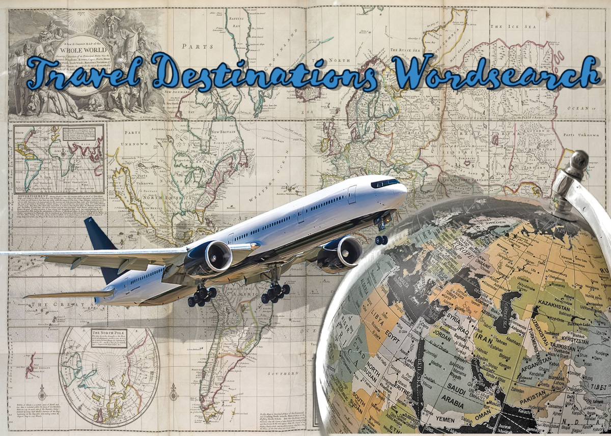 “Travel destinations word search”. Map image from Unsplash (New York Times Public Library), airplane image from Unsplash (John McArthur) 