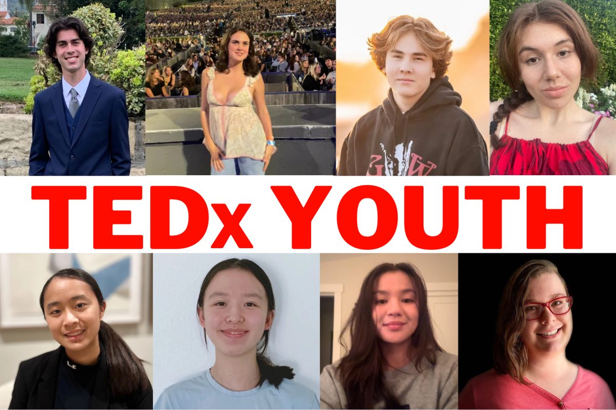 TEDx Youth student speakers. Top row: Andy Brennan (12), Amelia Kelly (12), Tyler McCutchen (10), and Sabrina Avolio (9). Bottom row: Joy Xie (12), Elaine Hu (10), Kaitlyn Marden (11), and Gabrielle Terzian (11).