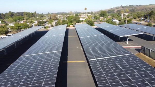 Dos Pueblos High School solar panels over the student parking lot as seen from above.