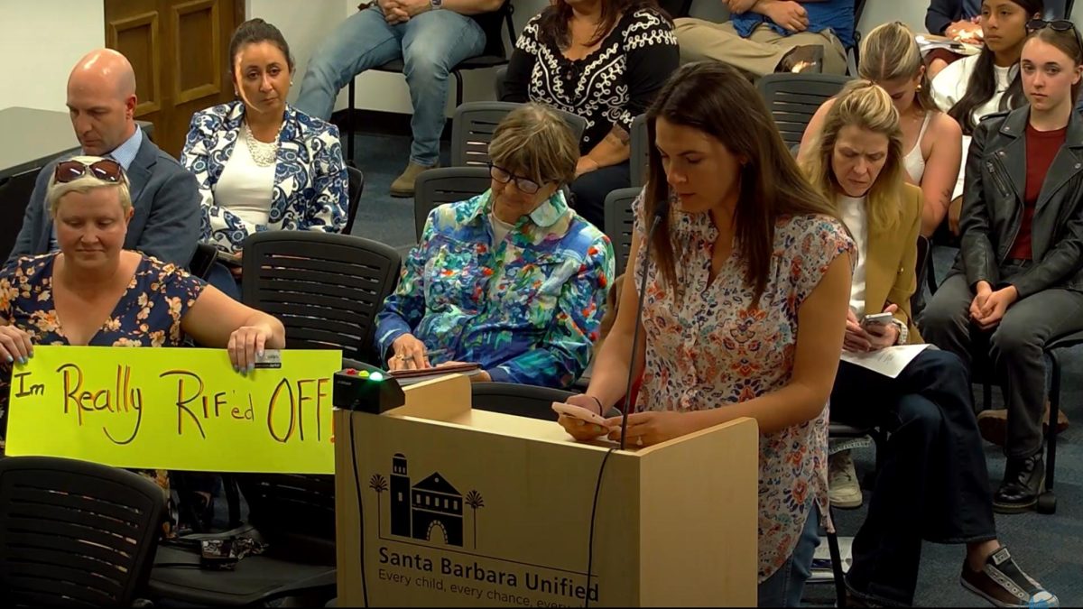 DPHS IB English teacher Katie Dwyer speaking out in the board meeting during public comment