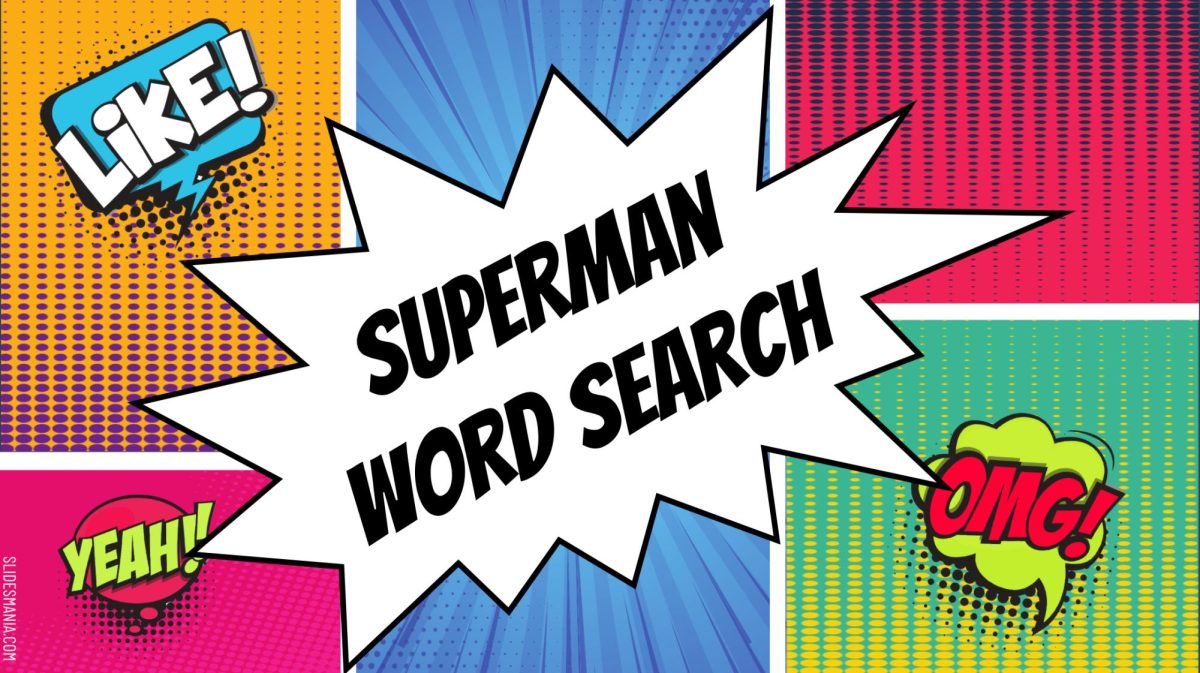 "Superman Word Search" graphic made with the support of Canva and SlideMania