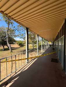 The H-wing sectioned off with caution tape due to the yellowjacket swarm