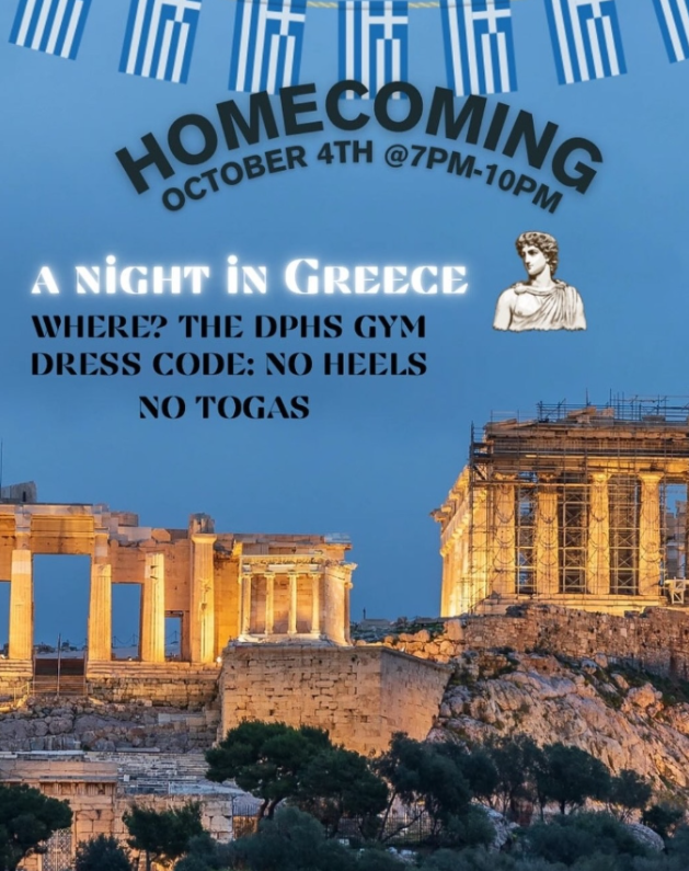 The official A Night in Greece poster for the DPHS 2025 Homecoming dance 