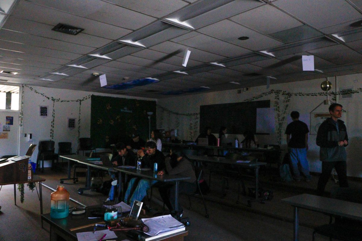 Students in Rollie Woodward’s third period government class working in the dark due to the power outage.