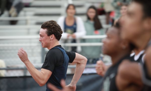 Dos Pueblos High School varsity track and field athlete Kellan Cotter (11) runs and wins a 400-meter race at DPHS against Pacifica High School and Ventura High School.