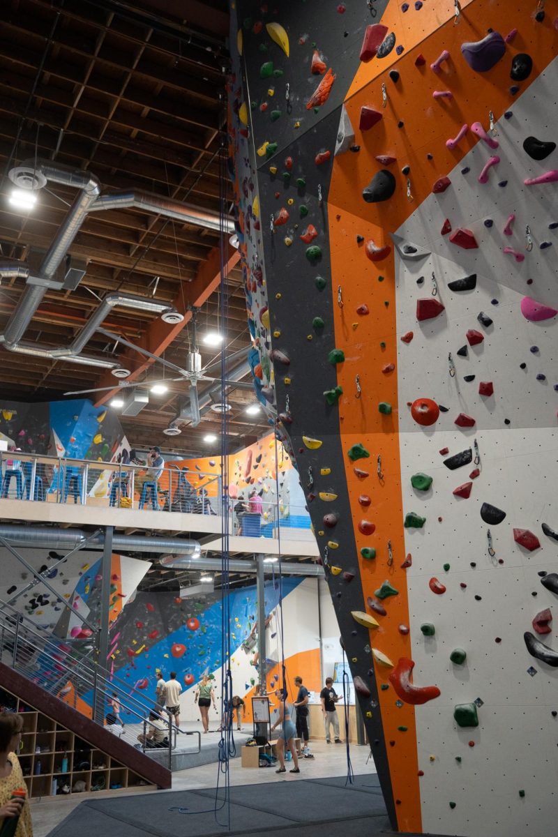 Looking past the belayed climbing area towards the entryway and The Pad’s double-floored bouldering area.