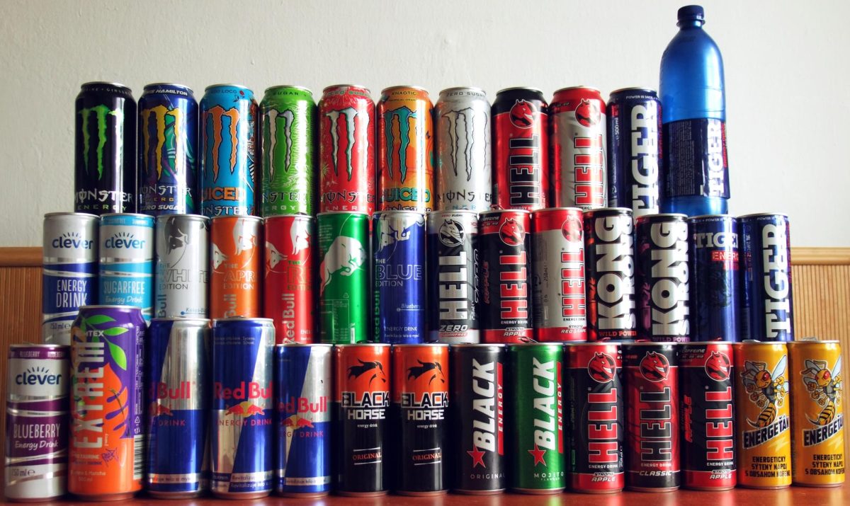 A display of a variety of energy drinks.