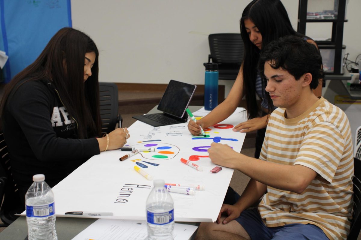Three students working on promotional posters for the Econ Fair.