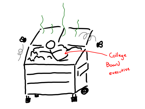 A drawing featuring a College Board executive laying in a dumpster surrounded by flies and stink fumes.